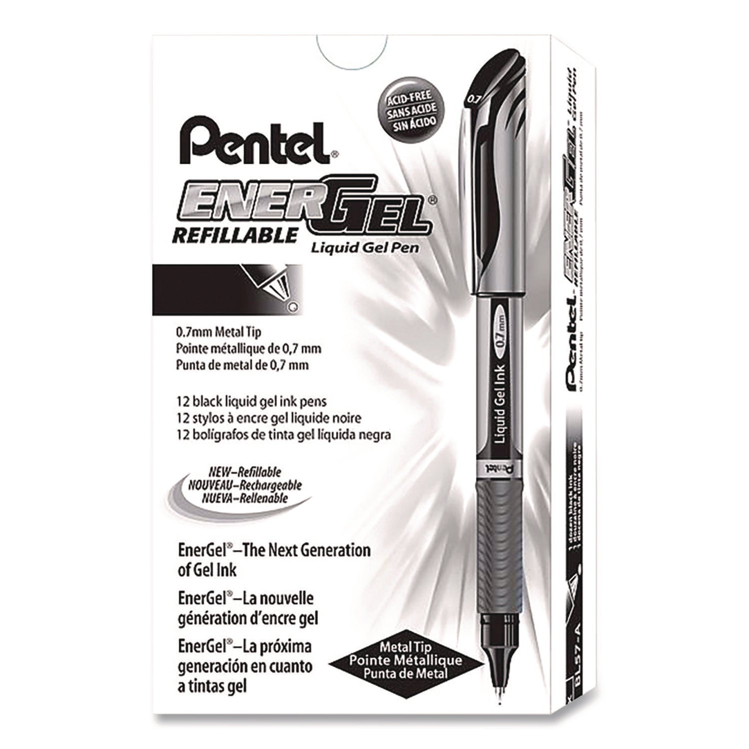 pentel-r-energel-deluxe-gel-pen-stick-medium-0-7-mm-black-ink-silver-black-barrel-dozen-penbl57adz_1